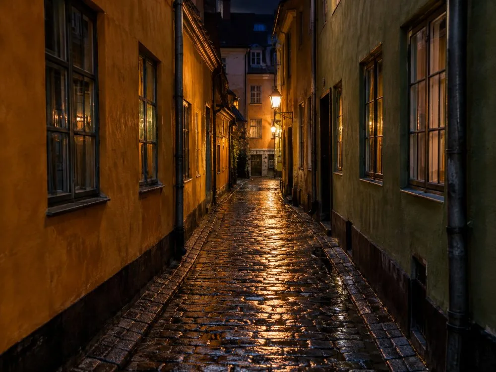 Eine schmale gepflasterte Gasse im alten Zentrum Kopenhagens bei Nacht