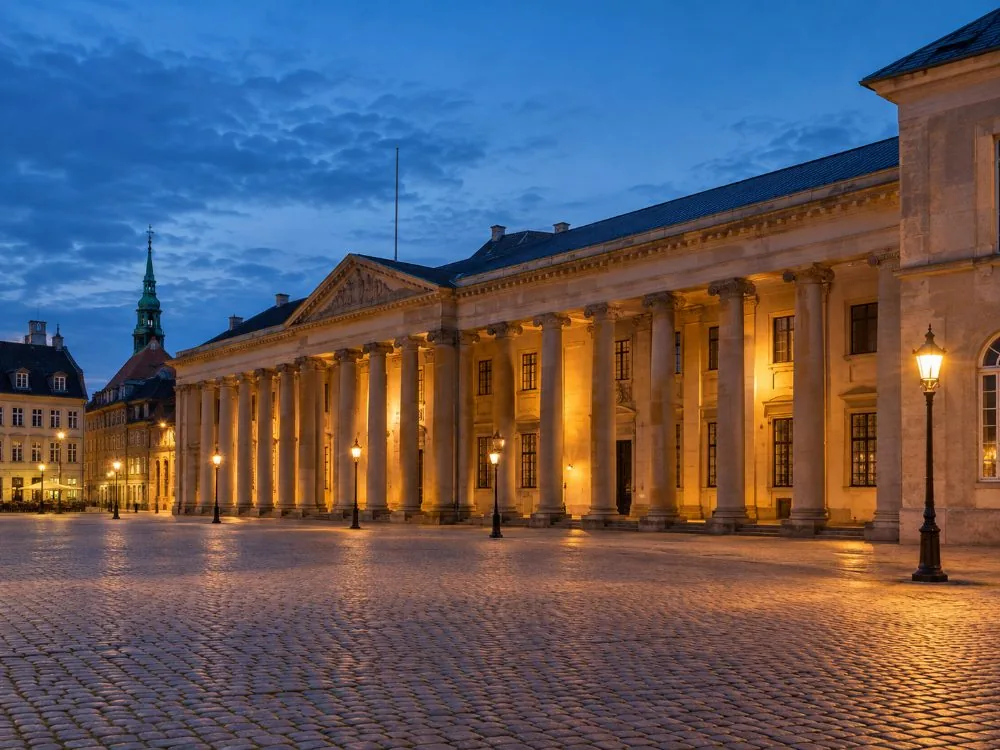 Nytorv-Platz in Kopenhagen bei Dämmerung, mit der Fassade des Gerichtsgebäudes im Hintergrund